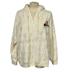 Disney Womens Ivory Minnie Mouse Embroidered Terry Zip Up Hoodie Jacket Sz 1X